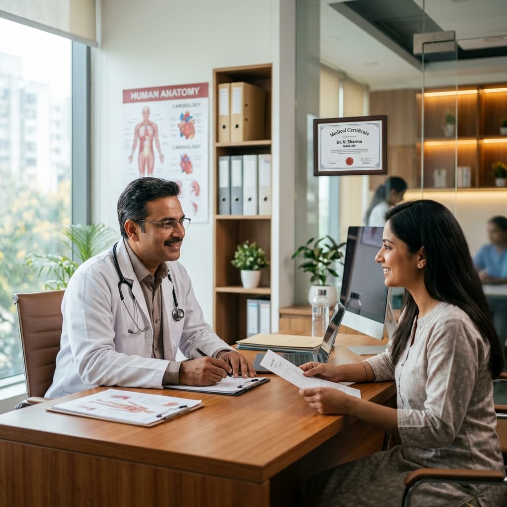 Indian doctor consulting patient in modern Olive Bharat clinic